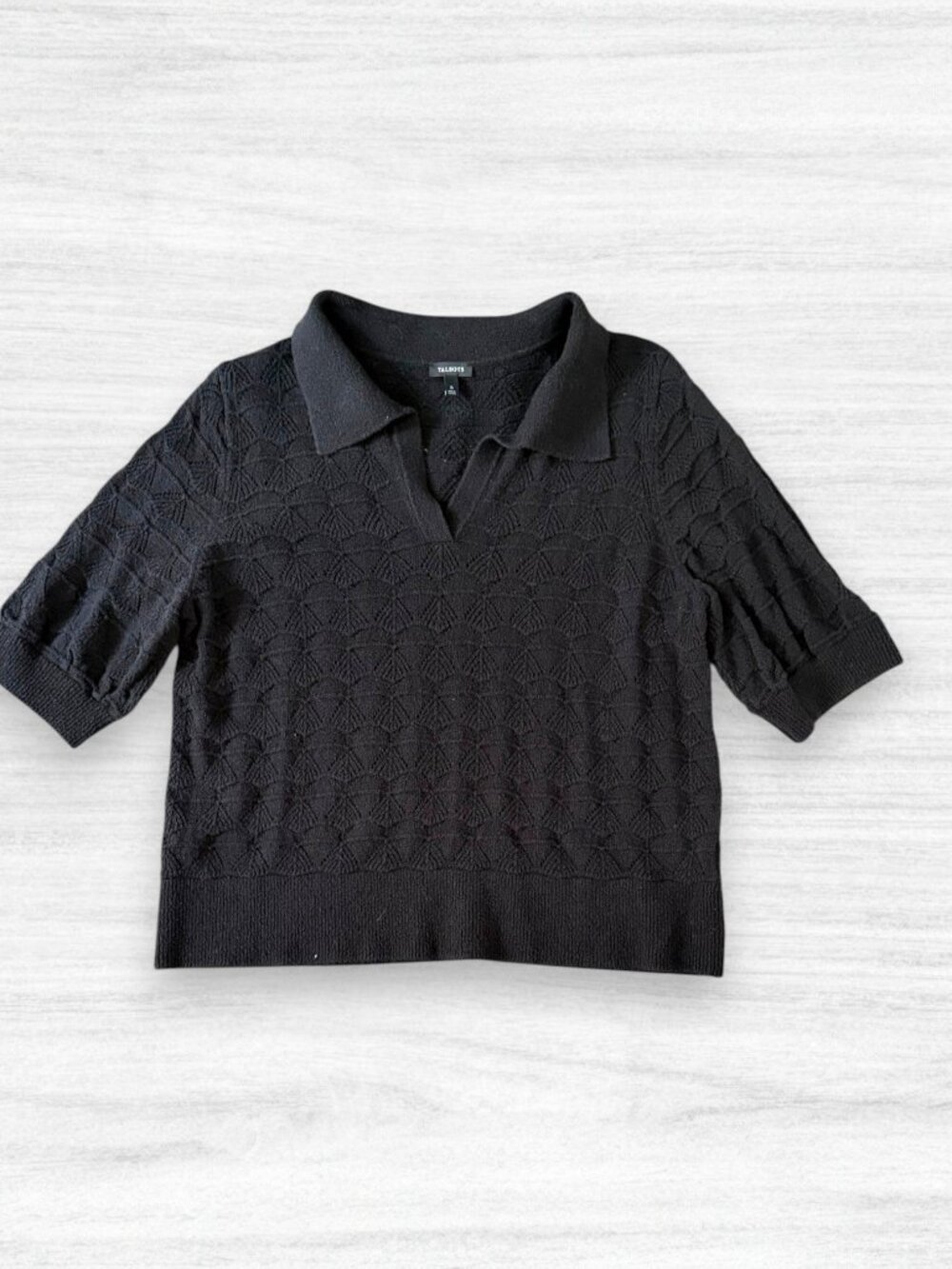 Talbots Black Pointelle Knit Polo Cotton Sweater Top Short Sleeve XL Preppy